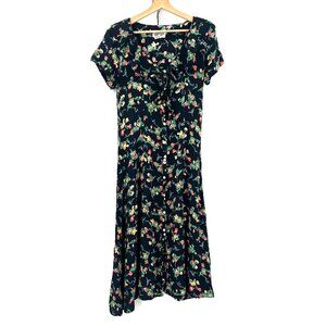 Vintage 90s y2k dark grunge button front dress fit & flare ruffle midi floral M